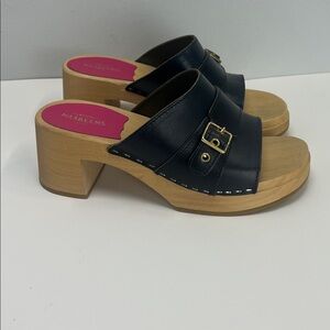 Swedish Hasbeens Preppy Slip In Clog Sandals Blue Leather Gold Buckle EU 37 US 7